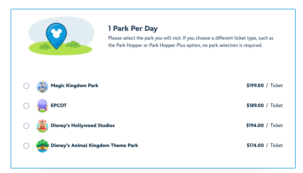 Screenshot of current ticket prices at different Walt Disney parks